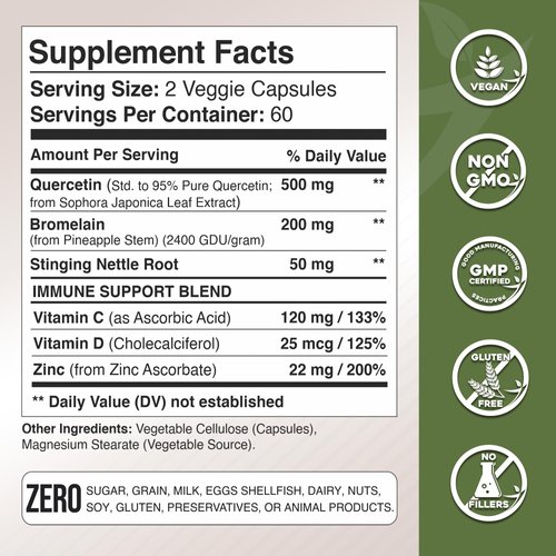 Quercetin with Vitamin C and Zinc - Nettle Quercetin - Quercetin 500mg - Quercetin with Bromelain - Zinc Quercetin + Vitamin D3 - 240 Veggie Caps - (Non-GMO, Gluten-Free, Vegan) 4 Month Supply