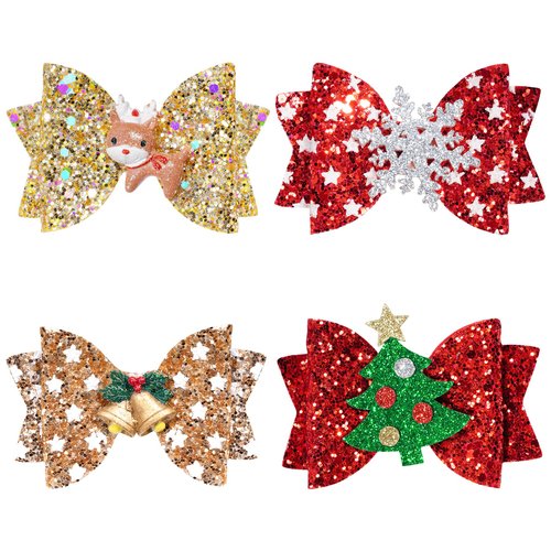 Haakong 4 Pcs Christmas Hair Clip Christmas Headdress Christmas Sequined Bow Santa Claus Elk Snow...