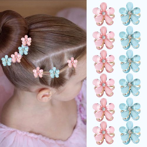 12 Pcs Glitter Rhinestone Flower Hair Clips and Barrettes - Claw Clips, Metal Clamps, and Hair Accessories for Girls, Women, Kids, and Teens (Pink & Blue)