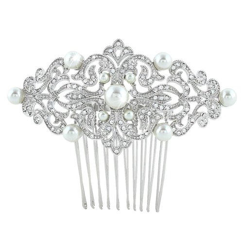 EVER FAITH Austrian Crystal Ivory Color Simulated Pearl 1920s Vintage Bride Wave Hair Comb