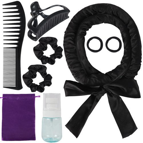 kossys Heat Less Curling Rod Headband, No Heat Hair Curler to Sleep in, Overnight Curls, Satin Heat Less Curling Set for Long Hair, Black, 1 Count