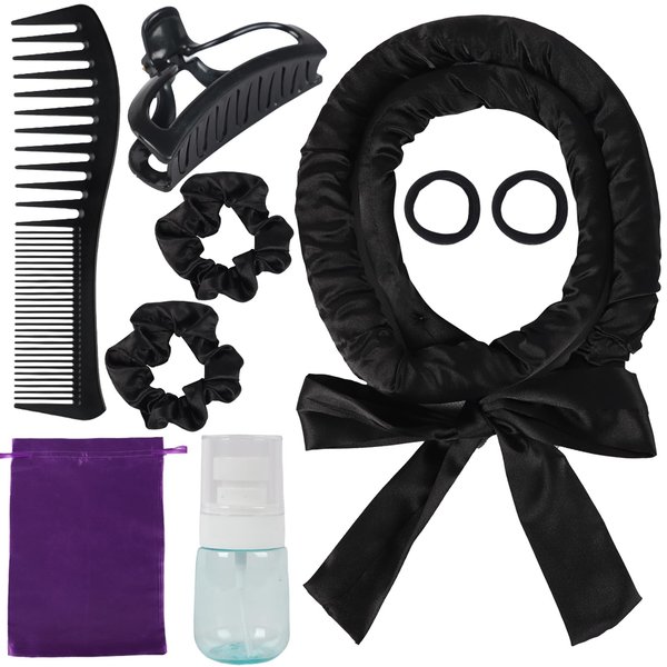 kossys Heat Less Curling Rod Headband, No Heat Hair Curler to Sleep in, Overnight Curls, Satin Heat Less Curling Set for Long Hair, Black, 1 Count