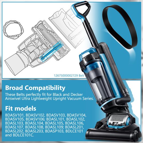 HASMX 2-Pack Replacement Vacuum Cleaner Belts #12675000002729 for Black & Decker Air Swivel Vacuum BDASV101, BDASV103, BDASV104, BDASL102 & Ultra, BDASL104, BDASL202, BDASL120 / BDAS120, BDASP103