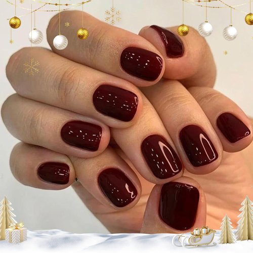 GLAMERMAID Press on Nails Extra Short Squoval, Christmas Handmade Gothic Burgundy Jelly Gel Glue on Nails, 24Pcs Glossy Round Reusable UV Finish Fake Nails Acrylic False Nails Manicure Kits for Women