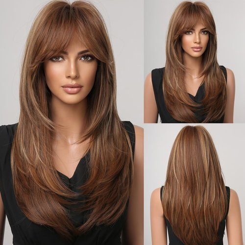 Doremiy Mixed Brown Wig with Bang Natural Medium Length Straight Wigs for Women Heat Resistant Fiber Synthetic Wigs for Daily Cosplay