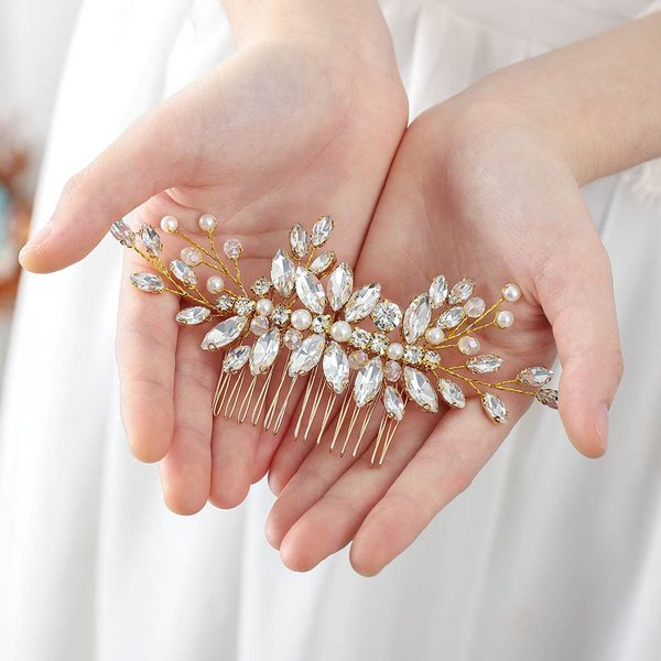 Jeairts Wedding Rhinestone Hair Comb Crystal Bridal Hair Pieces Pearl Hair Side Comb Brides Headpiece Decorative Hair Accessories for Women and Girls (2-Gold)