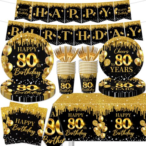 80th Birthday Decorations Tableware Set, 142Pcs Black and Gold Cheers to 80 Years 1944 Birthday Party Supplies Plates Napkins Cups Banner Tablecloth for Men Women Happy 80th Birthday Decorations
