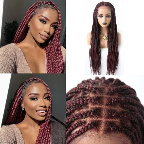 Box Braided Lace Front Wigs For Black Women Knotless Cornrow Braids Wigs Light Weight Braiding Wigs For Black Women Synthetic Twisted Full Lace Braided Wigs Baby Hair (#1B/99JT-#Black/Deep WineT)
