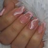 ANDGING French Tip Press on Nails Pink Coffin Short Medium Glue on Nails with Glitter Gold Striped Design Gel Acrylic Fake Nails for Wedding False Nails Women Manicure Stick on Nail with Glue AL668I8