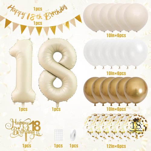 18th Birthday Decorations Sand White Gold,18th Birthday Balloons Beige Gold,Happy 18th Birthday Banner with Cake Toppers Number 18 Balloons for Girls Boys Birthday Party Decorations