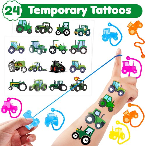 36PCS Tractor Party Favors - 24PCS Temporary Tattoos 12PCS Sticky Hands Perfect Birthday Supplies for Kids Stretchy Fidget Goodie Bag Stuffers Treasure Box Toys Classroom Prizes Student Gifts