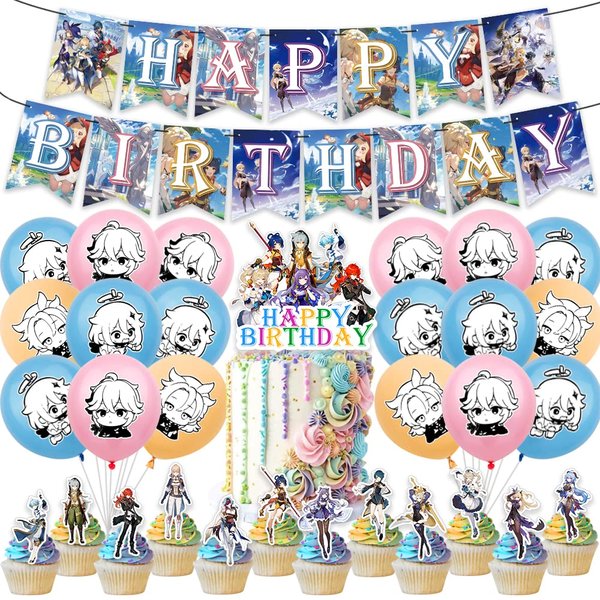 New Anime Party Decoration，Theme Birthday Party Supplies Includes Happy Birthday Banners, Balloon ,Cupcake Toppers Arrangement Scene Layout