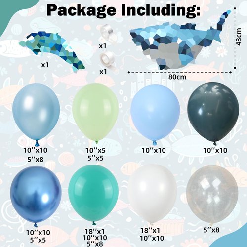 Ocean Under the Sea Balloon Garland, Blue Shark Balloon Arch Kit, Light Aqua Blue Latex Helium Balloons Metalic Blue Dolphin Shark Balloons for Shark Ocean Baby Shower Birthday Party Decorations