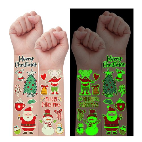Partywind 105 Styles Glow Christmas Party Supplies Kids Temporary Tattoos, Luminous Christmas Holiday Stocking Stuffers for Party Decorations, Xmas Goodie Bag Fillers Toys (10 Sheets)