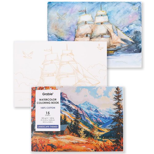 Grabie Watercolor Coloring Book, 15 Sheets 140LB Landscape-Themed Watercolor Coloring Book, A5 (8...