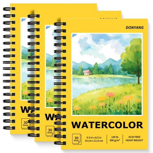 Watercolor Paper Pad, 5.5" x 8.5" Spiral Bound Art Sketch Book, 3-Pack 30 Sheets (140lb/300g) Artist Drawing Paper for Kids Adults, Art Supplies for Teens, Watercolors, Mixed Media, Markers, Journal