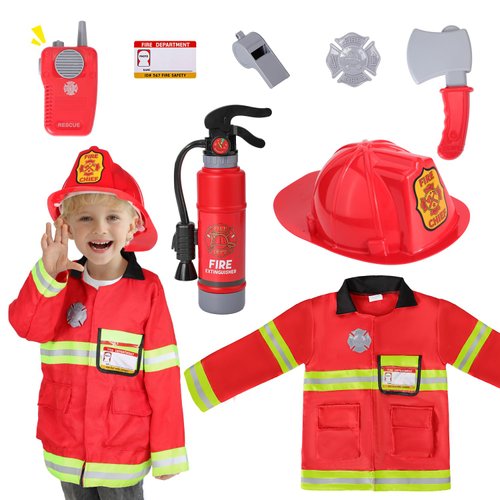 Popsunny Firefighter Costume for Kids 3 4 5 Years, Toddler Fireman Toy with Dress Up Outfit & Fire Extinguisher, Christmas Pretend Play Gift for Toddler Boys Girls