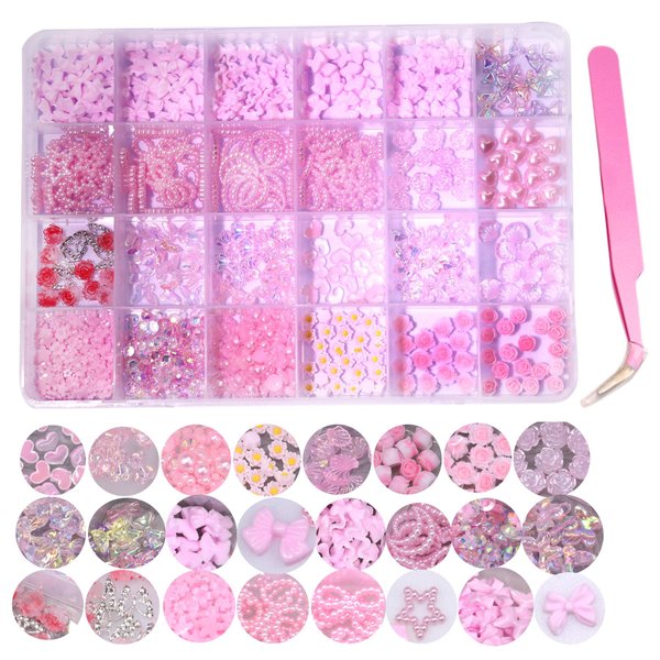 Pink 3D Nail Charms and Gems Flatback Nail Pearls Set, 8 Styles Nail Bows Charm, 8 Nail flowers Butterlies, Star Heart Moon Shell Bear Cute Nail Jewels, Nail Rhinestone for DIY Nail Art Tweezer