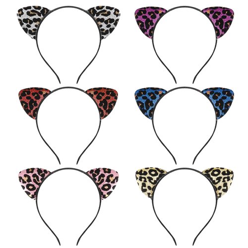 Haakong 6Pcs Leopard Cat Ears Headband Leopard Ears Headband Glitter Flocking Cat Ears Headband f...