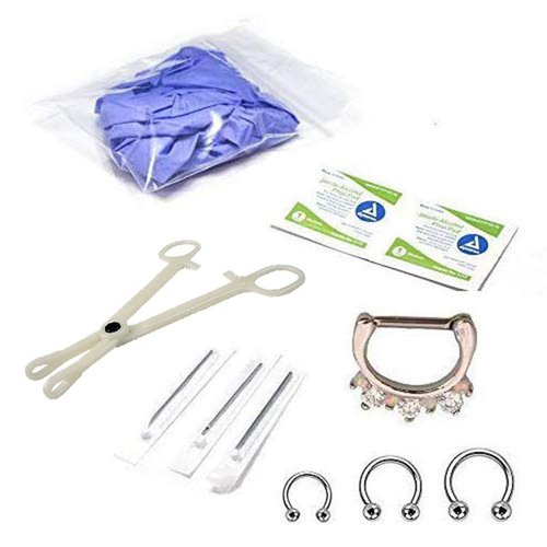 12PCS Septum Piercing Kit,Piercing Kit for Septum Clicker Nose Ring Hoop Horseshoe Circular Barbell Mixed-size 316L Surgical Steel Piercing Needles, Gloves, Forceps, Body Piercing Tool Kit