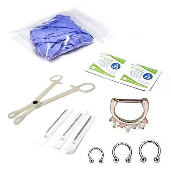 12PCS Septum Piercing Kit,Piercing Kit for Septum Clicker Nose Ring Hoop Horseshoe Circular Barbell Mixed-size 316L Surgical Steel Piercing Needles, Gloves, Forceps, Body Piercing Tool Kit