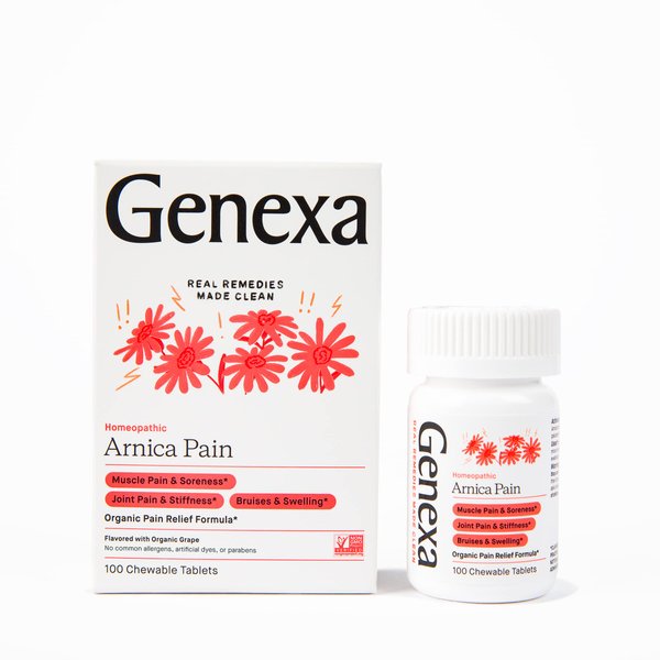Genexa Arnica Tablets for Pain Relief Formula | Alleviate Muscle & Joint Pain, Soreness, & Stiffness | Delicious Organic Grape Flavor | Homeopathic Remedy Made Clean | 100 Chewable Tablets