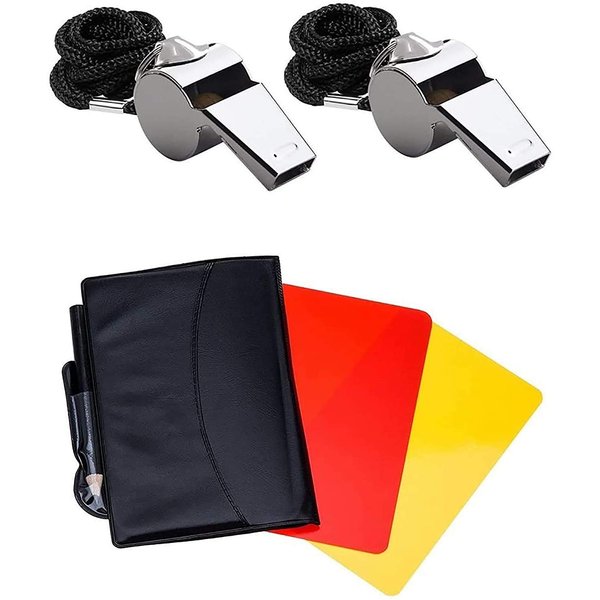 Friencity Soccer Referee Card Kit, Red Yellow Cards 2 Pieces & Coach Referee Metal Whistles with Lanyard Bulk, Extra Loud Stainless Steel Whistle for School Sports, Soccer, Basketball