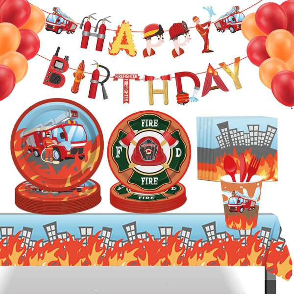 Firefighter Party Supplies 138Pcs Firefighter Themed Party Decorations Includes Party Plates, Banner, Tablecloth, Dinnerware,Napkins, Cups,Balloon for 16 Guest for Party,Birthday Party, Baby Shower