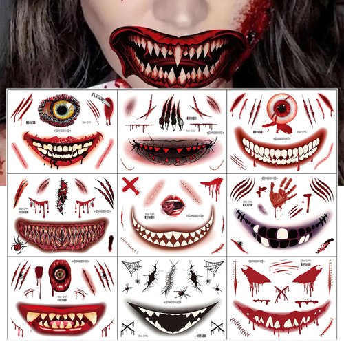 AUOCATTAIL Temporary Face Tattoos Halloween Makeup Kit Horror Zombie Face Stickers Scary Tattoos for Party Costumes Women Girl 9 Sheets