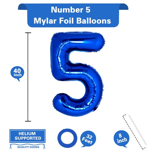 40 Inch Giant Navy Blue Number 5 Balloon, Helium Mylar Foil Number Balloons for Birthday Party, 5th Birthday Decorations for Kids, Anniversary Party Decorations Supplies (Navy Blue Number 5)