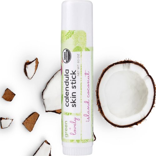 Green + Lovely Calendula Skin Stick Organic Lotion Sticks Moisturizing Balm Ointment Salve Multipurpose Hand Cream Body Bar, 0.5 oz., Island Coconut (2 Tube Set)