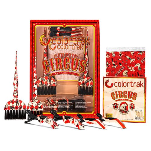 Colortrak Circus Collection Stylist Kit, Color Like a Pro with 50 Count Pop-Up foil, 2.75" Firm Bristle Brush, 2" Feather Bristle Brush, 2 Jumbo and 2 Standard Croc Clips, Red/White Diamond Print