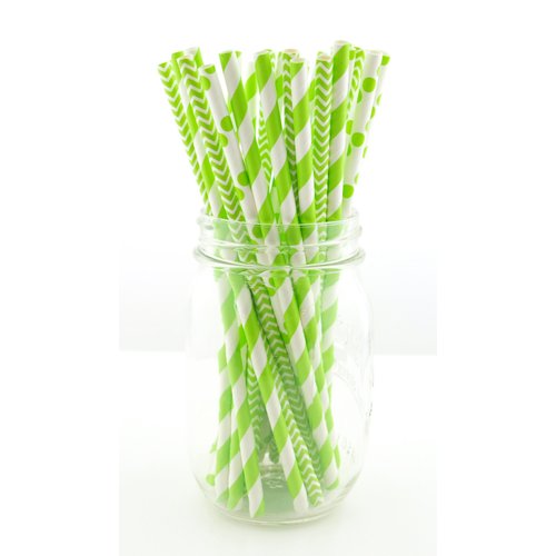 Green Drinking Straws Combo Pack, Spring Garden Wedding Supplies, Paper Party Straws, Drink Stirrers (75 Pack) - Green Striped, Polka Dot & Zig Zag Straws