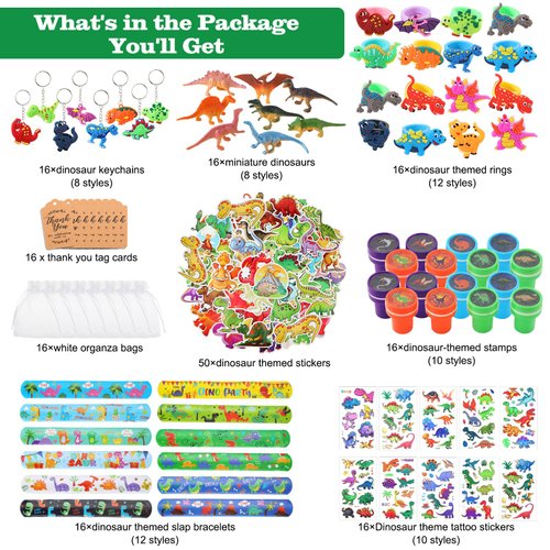 Hungdao 178 Pcs Dinosaur Birthday Party Favors for 16 Kids with Dinosaur Keychain Sticker Stamp Ring Slap Bracelet Tattoo Sticker Gift Bag Tag for Dinosaur Boys and Girls Party Carnival Gift Fillers