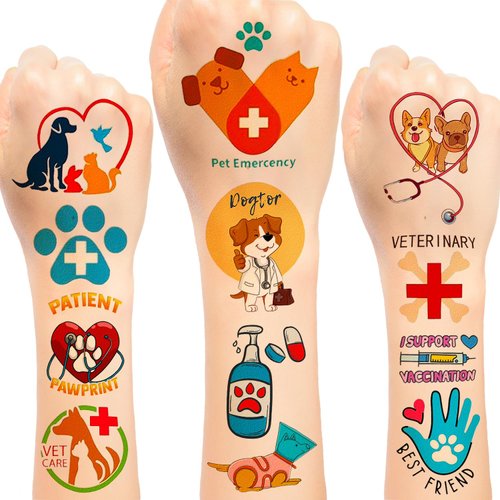 144PCS Veterinary Temporary Tattoos Stickers Vet Medicine Technician Themed Party Favors Supplies Birthday Party Decorations Gifts for Kids Girls Boys Classroom Rewards