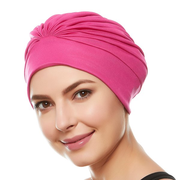 Beemo Swim Caps for Women Swimming Turban Polyester Latex Lined Pleated for Ladies - Hot Pink