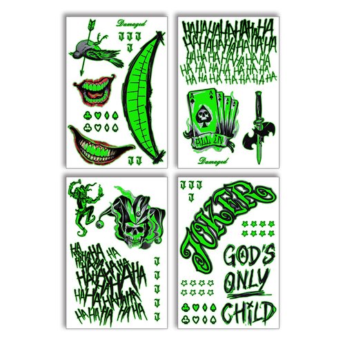 4 Sheets Halloween Joker Temporary Tattoos for Men, Glow In Dark Halloween Decorations, Suicide Squad Fake Tattoo Stickers For Halloween Party Favors Cosplay Costumes Masquerade Makeup