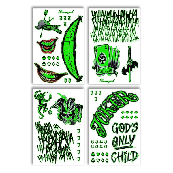 4 Sheets Halloween Joker Temporary Tattoos for Men, Glow In Dark Halloween Decorations, Suicide Squad Fake Tattoo Stickers For Halloween Party Favors Cosplay Costumes Masquerade Makeup