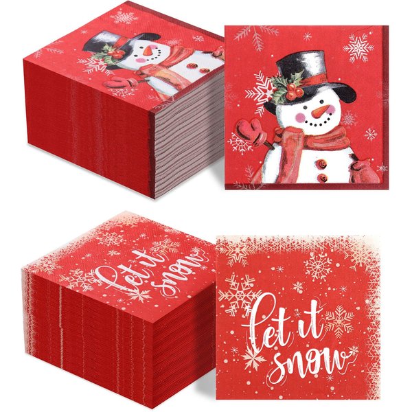 Faccito 100 Pcs Christmas Snowman Paper Napkins Winter Snowflake Cocktail Napkins Red Holiday Let it Snow Beverage Napkins for Xmas New Year Family Gatherings Dinner Party Decoration Supplies