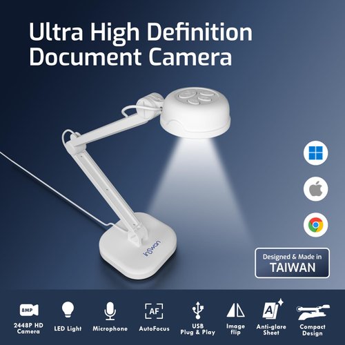 INSWAN INS-1 USB Document Camera — 8MP Ultra HD, Auto Focus, LED Light, Built-in Microphone, Mac OS, Windows, Chromebook Compatible for Distance Learning, Remote Teaching, Web Conferencing, Live Demo