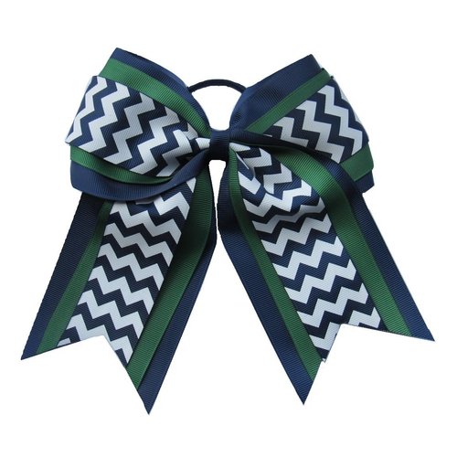New "NAVY GREEN CHEVRON" Cheer Hair Bow Pony Tail 7 Inch Girls Cheerleading Practice Football Games School Uniform Hairbow Grosgrain Ribbon Competition