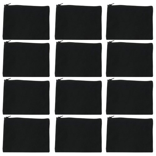 Kings Of NY Blank Black 100% Cotton Canvas Makeup Bag With Zipper 9x6 Cosmetic Pouch Bulk - 12 Pack 1 Dozen