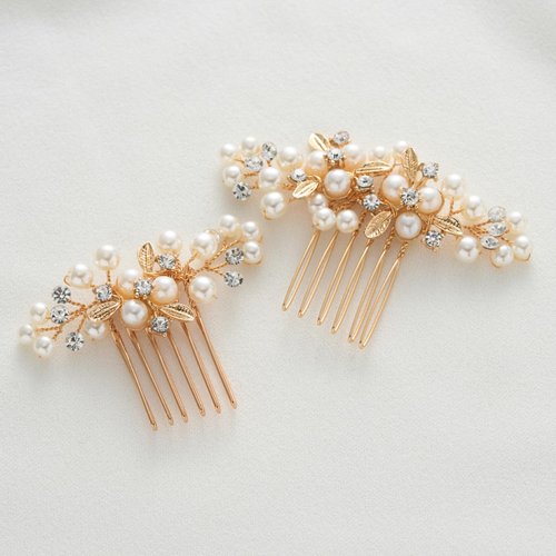 SWEETV Wedding Bride Pearl Hair Side Comb Rhinestone Hair Clips Pins Headpiece Vintage Hair Accessories Jewelry for Brides Bridesmaids Flower Girls