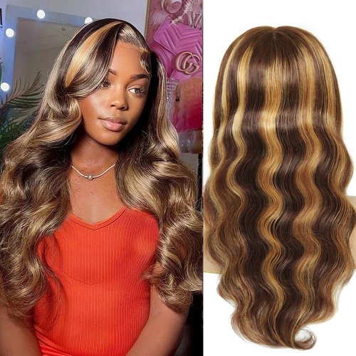 PECWU Body Wave Highlight Lace Front Wigs 13x6 HD t Lace Human Hair Pre Plucked 4/27 Colored 200% Density HD Honey Blond Wigs for Black Women Ombre 13x6x1 Transparent Body Wave Wig (22 Inch)