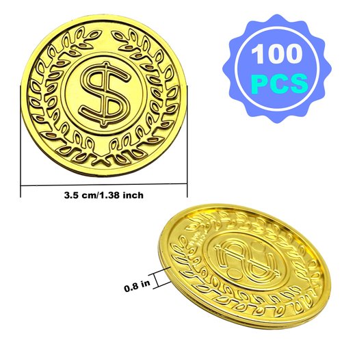 TESEGOO 100 PCS Plastic Pirate Gold Coins - Fake St. Patrick's Coin Toys for Party Supplies for Pirate Parties, Treasure Hunts, Classroom Rewards, Kids' Prizes & Party Favors