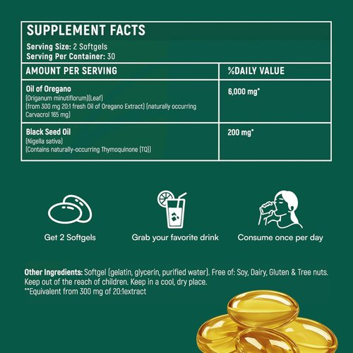 Resilia Oil Of Oregano Softgels with Black Seed Oil 6000mg – Organic Oregano Oil Capsules for Immune & Digestive Support – Non-GMO, Gluten-Free Softgels – Natural Herbal Wellness Supplement