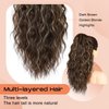 SEIKEA 18" Highlight Ponytail Extension, PT002 Tia Claw Long Multi Layered Fluffy Thick Wavy Jaw Clip in Fake Pony Tails Fake Hair Soft Natural Hairpiece Chocolate Brown Caramel Blonde Highlights