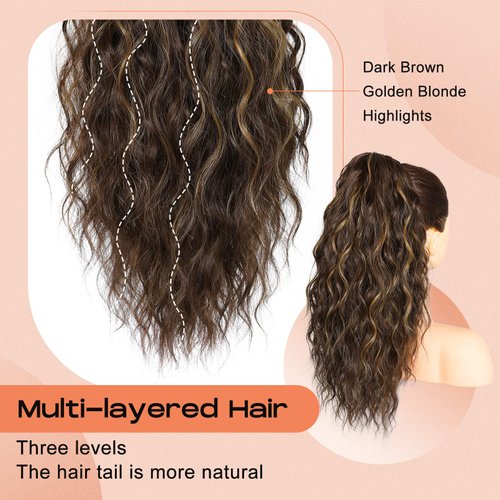 SEIKEA 18" Highlight Ponytail Extension, PT002 Tia Claw Long Multi Layered Fluffy Thick Wavy Jaw Clip in Fake Pony Tails Fake Hair Soft Natural Hairpiece Chocolate Brown Caramel Blonde Highlights