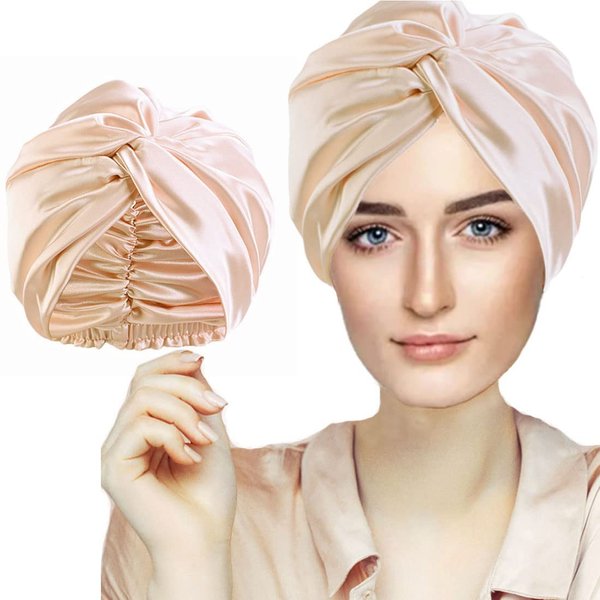 Silk Bonnet Silk Hair Wrap for Sleeping, Imitation Silk Sleep Cap Silk Bonnet for Curly Hair, Double Layer Satin Bonnet Silk Head Scarf Night Hair Cap for Sleeping, Apply to Washing, Makeup, Sport