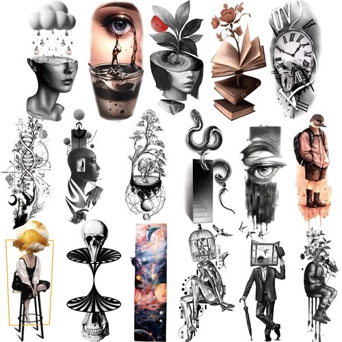 Temporary Tattoos for Adult Men and Women, 77 Sheets Abstract Surreal Style Fake Tattoo Stickers, Snake Tears, Clocks, Planets, Meditation Pattern Cool Tattoos for Teens Kids